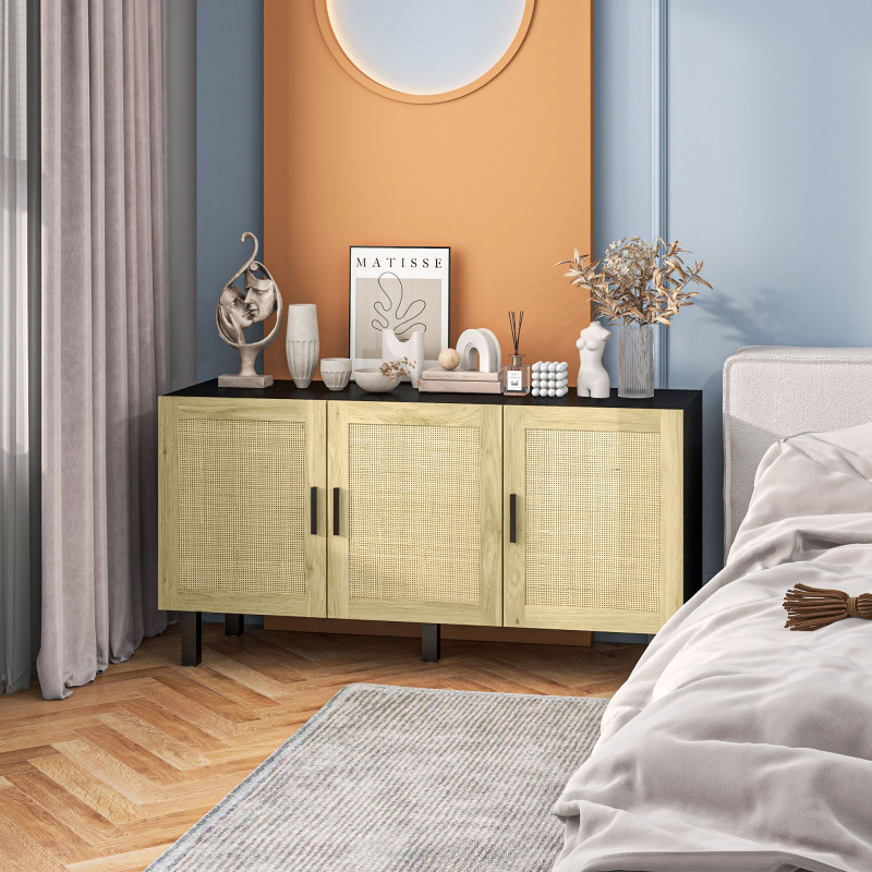 Boho Sideboard Buffet Cabinet with 3 Rattan Doors, Kitchen Cabinet with Adjustable Shelves, Black and Natural