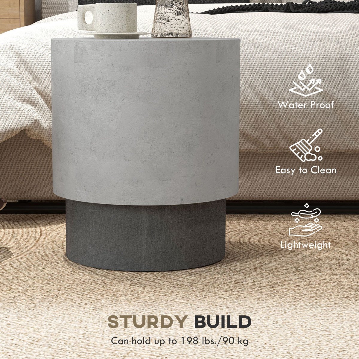 Lightweight Accent Table with Concrete Finish, Round Side Table with 4 Adjustable Feet for Indoor, Outdoor
