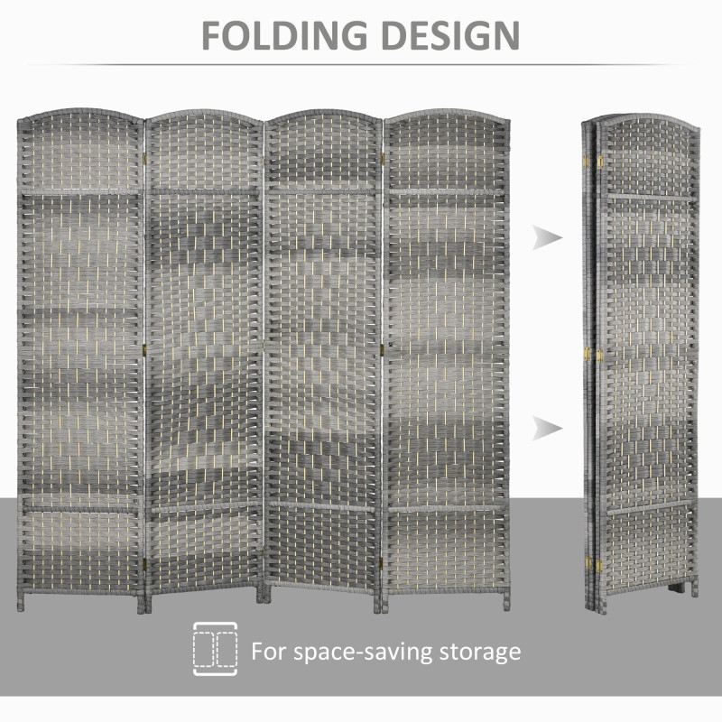 6 Ft Tall Folding Room Divider, 4 Panel Portable Privacy Screen, Hand-Woven Partition Wall Divider, Mixed Grey