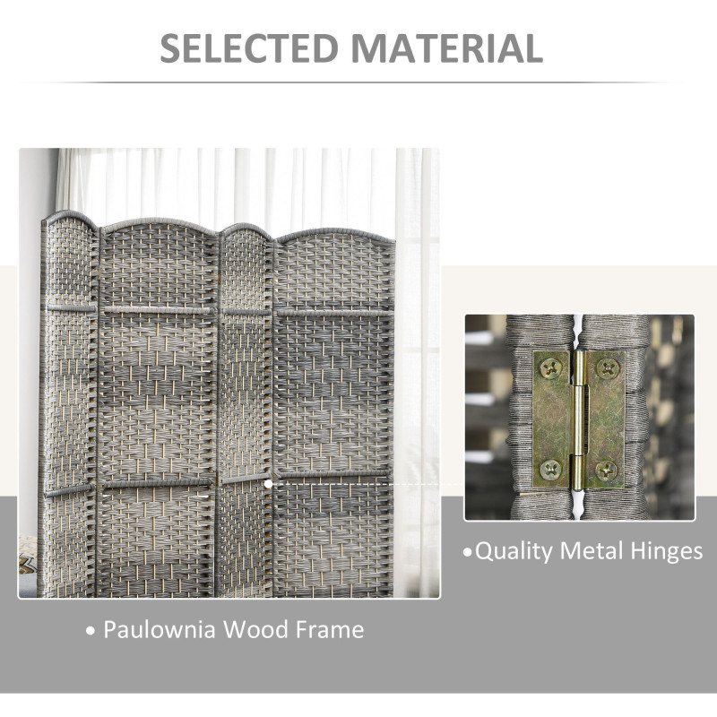 6 Ft Tall Folding Room Divider, 4 Panel Portable Privacy Screen, Hand-Woven Partition Wall Divider, Mixed Grey