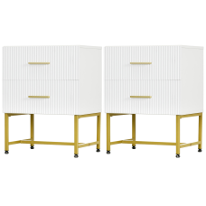 2 Pieces Nightstands with Storage, Modern Bedside Tables with 2 Fluted Drawers and Gold Legs for Bedroom, White