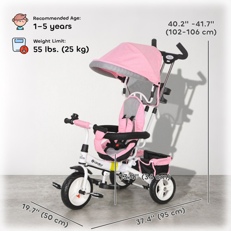 Qaba 6 in 1 Toddler Tricycle Stroller with Basket, Canopy, 5-point Safety Harness, for 12-60 Months, Pink