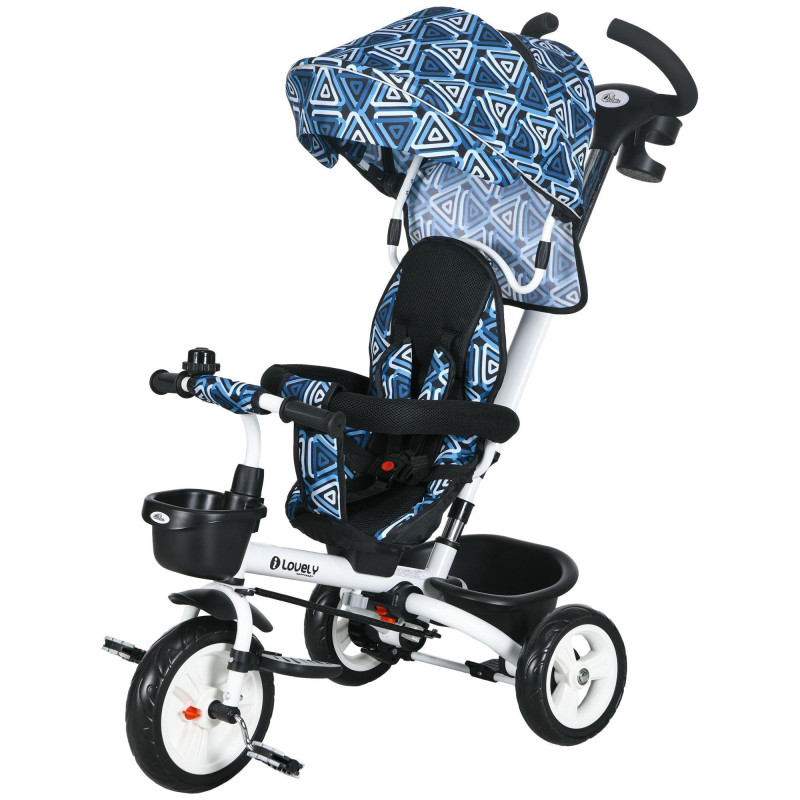 Qaba 6 in 1 Toddler Tricycle with Parent Push Handle, Canopy, Storage Baskets, Cupholder, Light Blue