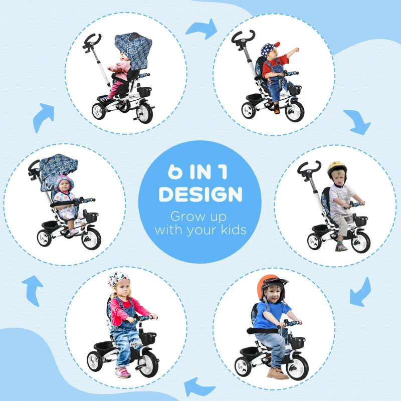 Qaba 6 in 1 Toddler Tricycle with Parent Push Handle, Canopy, Storage Baskets, Cupholder, Light Blue