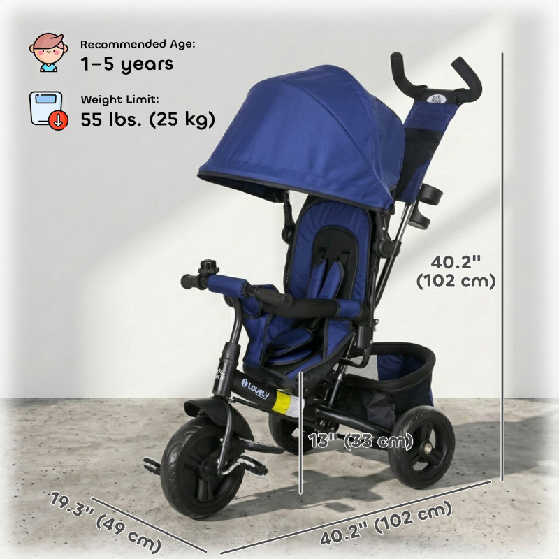 Qaba 6 in 1 Tricycle for Toddler 1-5 Years with Parent-Push Handle, Dark Blue