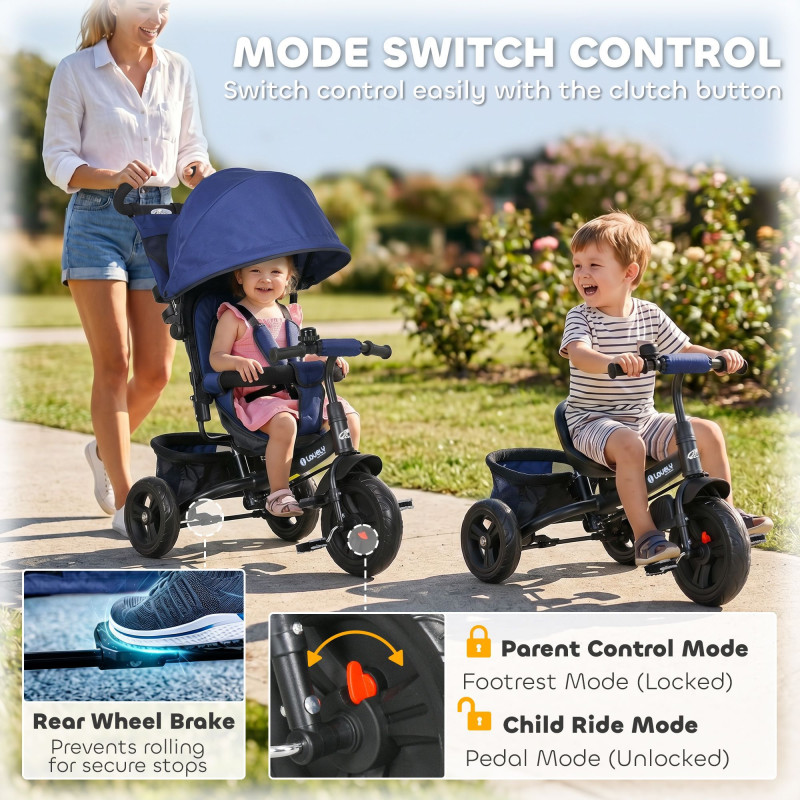 Qaba 6 in 1 Tricycle for Toddler 1-5 Years with Parent-Push Handle, Dark Blue