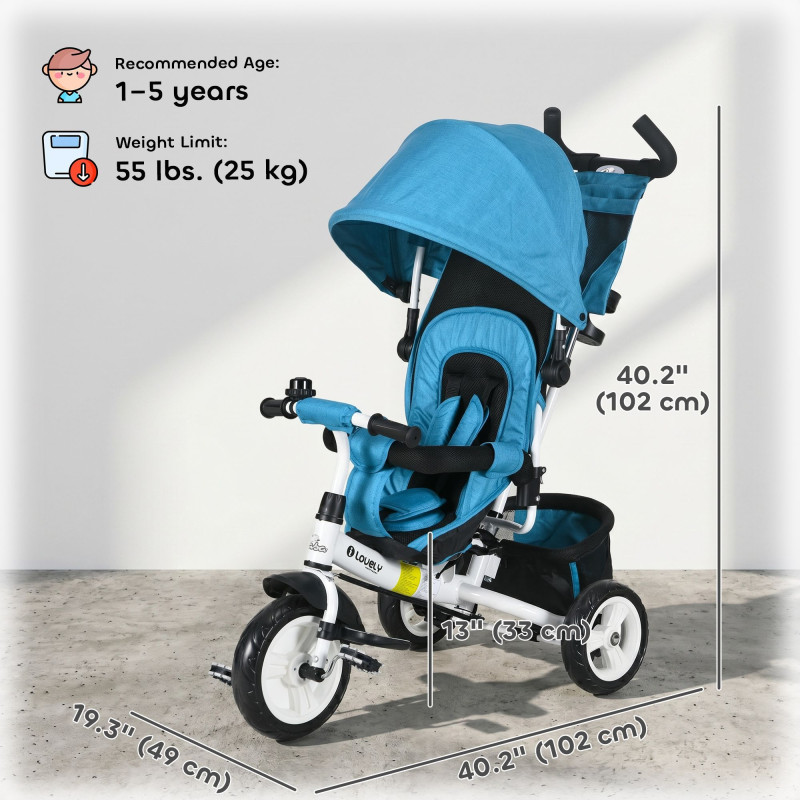 Qaba 6 in 1 Tricycle for Toddler 1-5 Years with Parent-Push Handle, Blue