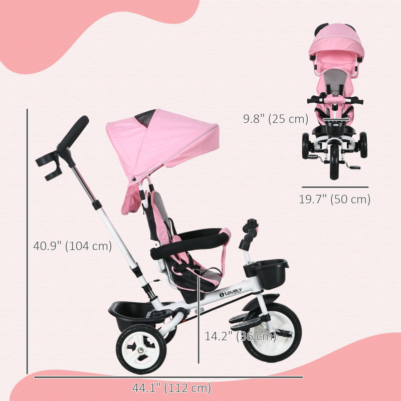 Qaba 6 in 1 Toddler Tricycle with Parent Push Handle, Canopy, Storage Baskets, Cupholder, Pink