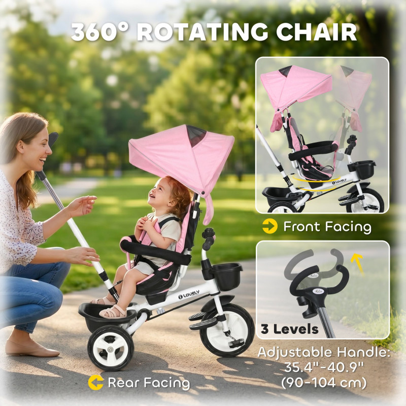 Qaba 6 in 1 Toddler Tricycle with Parent Push Handle, Canopy, Storage Baskets, Cupholder, Pink