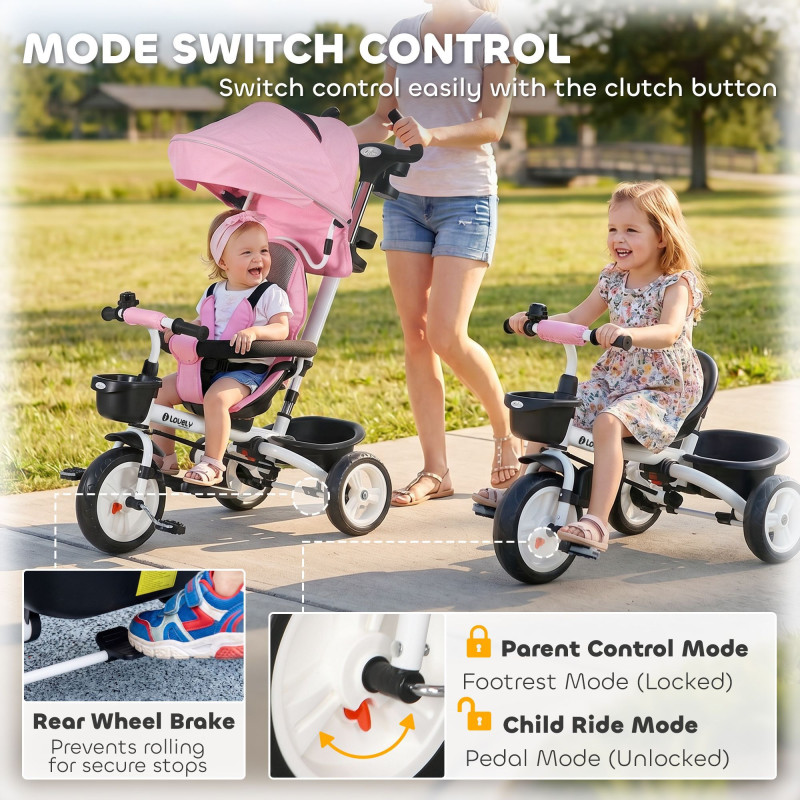Qaba 6 in 1 Toddler Tricycle with Parent Push Handle, Canopy, Storage Baskets, Cupholder, Pink