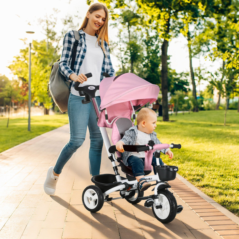Qaba 6 in 1 Toddler Tricycle with Parent Push Handle, Canopy, Storage Baskets, Cupholder, Pink