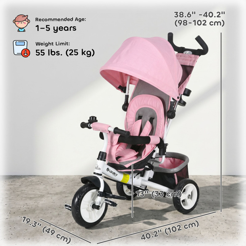 Qaba 6 in 1 Tricycle for Toddler 1-5 Years with Parent-Push Handle, Pink