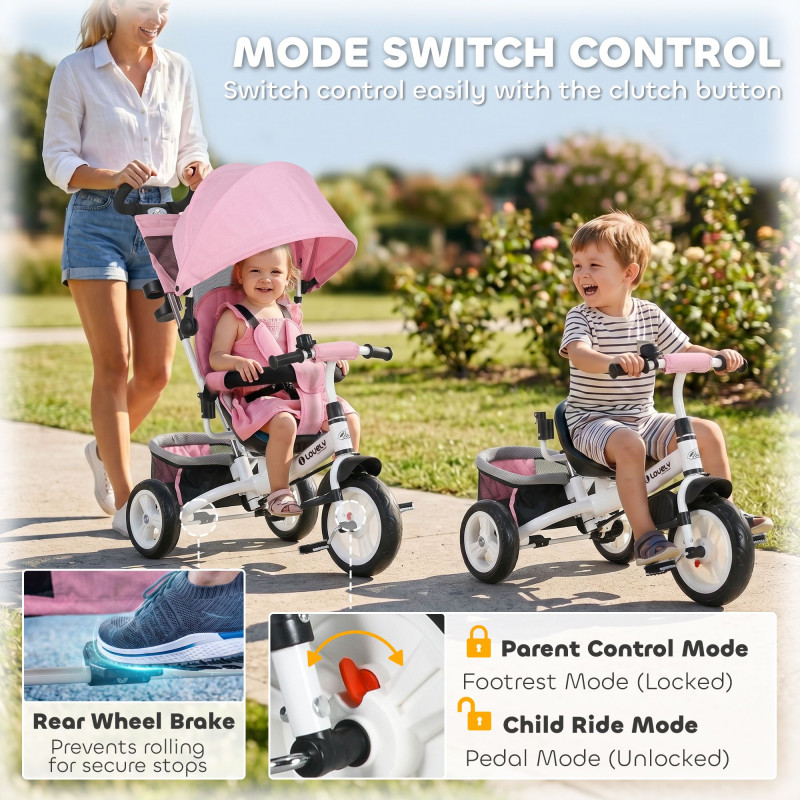 Qaba 6 in 1 Tricycle for Toddler 1-5 Years with Parent-Push Handle, Pink