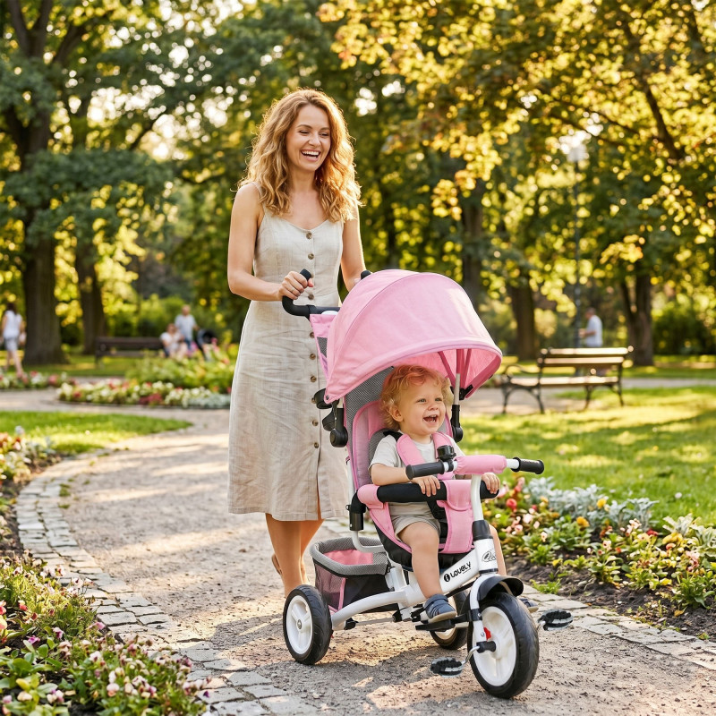 Qaba 6 in 1 Tricycle for Toddler 1-5 Years with Parent-Push Handle, Pink