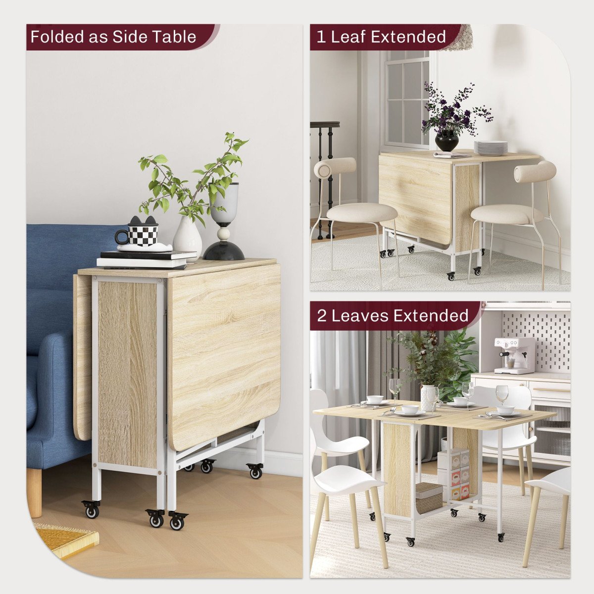 Folding Dining Table, Extendable Kitchen Table for Small Spaces with Storage Shelf and 6 Wheels, Natural Wood