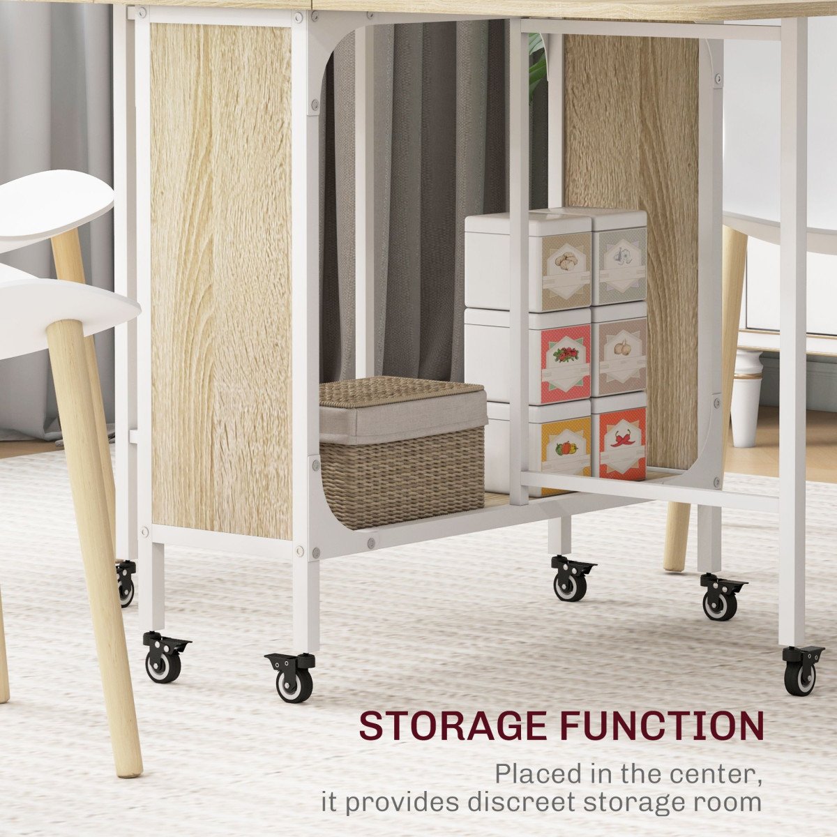Folding Dining Table, Extendable Kitchen Table for Small Spaces with Storage Shelf and 6 Wheels, Natural Wood