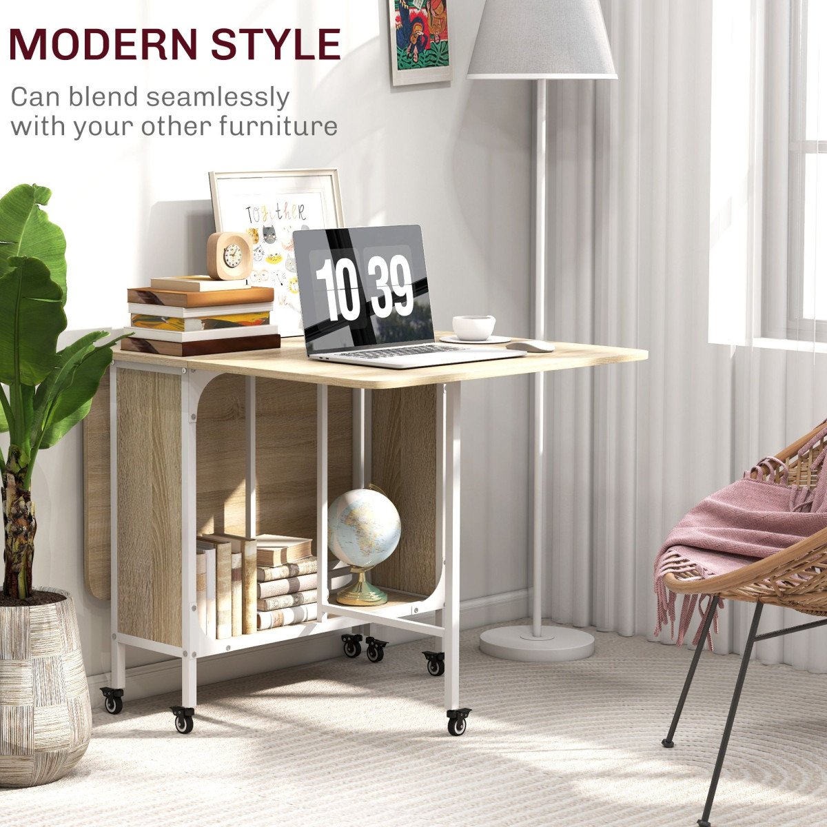Folding Dining Table, Extendable Kitchen Table for Small Spaces with Storage Shelf and 6 Wheels, Natural Wood