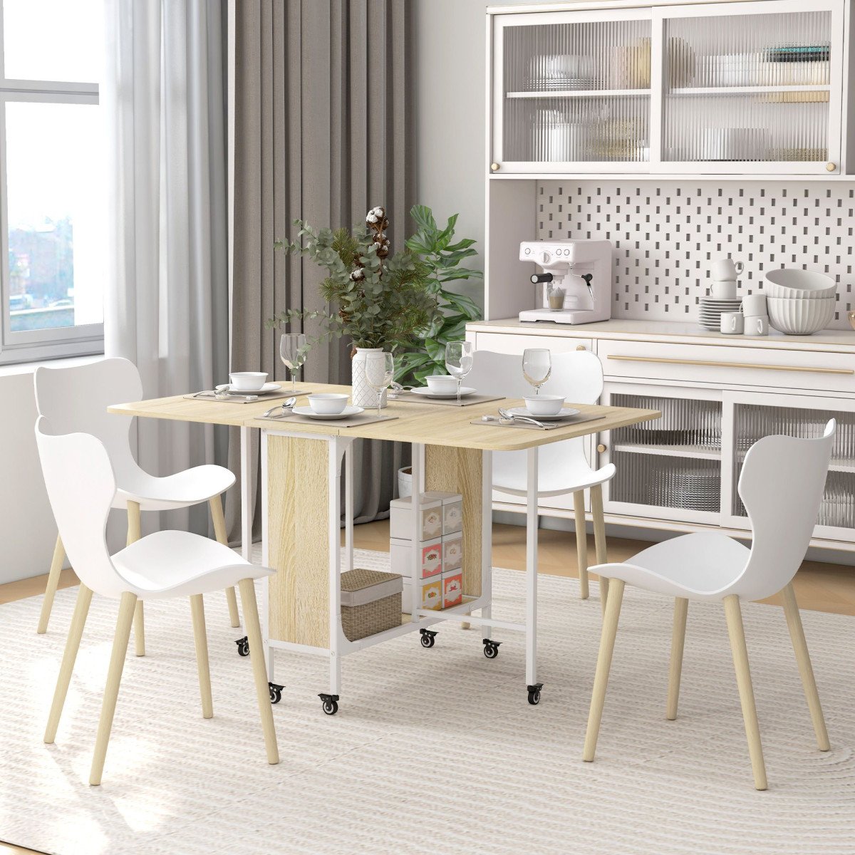 Folding Dining Table, Extendable Kitchen Table for Small Spaces with Storage Shelf and 6 Wheels, Natural Wood
