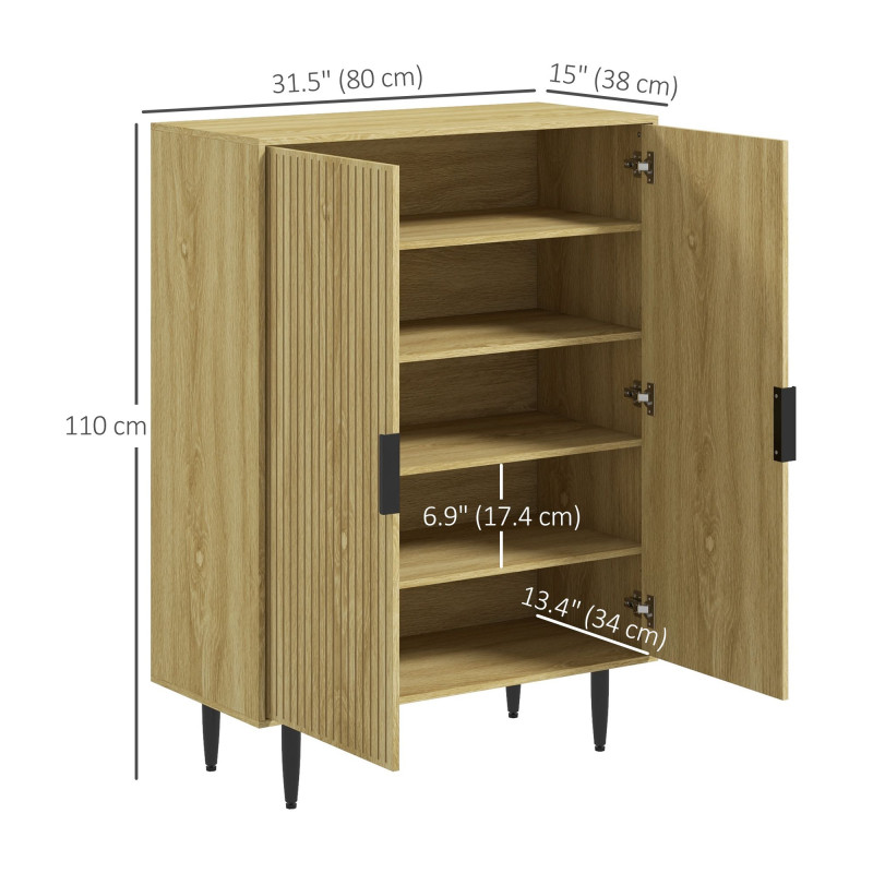 Entryway Shoe Cabinet with 5-Tier Shelving and Adjustable Shelves, 15 Pair Shoe Storage Organizer for Hallway, Oak
