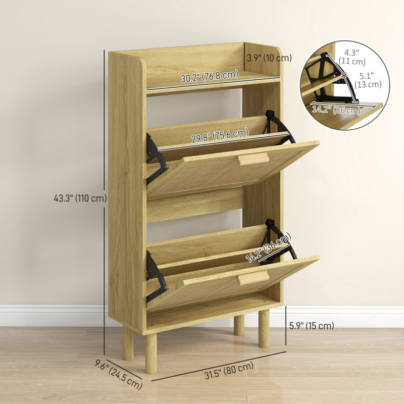 Slim Shoe Storage with 2 Flip Drawers and Adjustable Shelves, Rattan Shoe Cabinet Organizer for 12 Pair, Oak