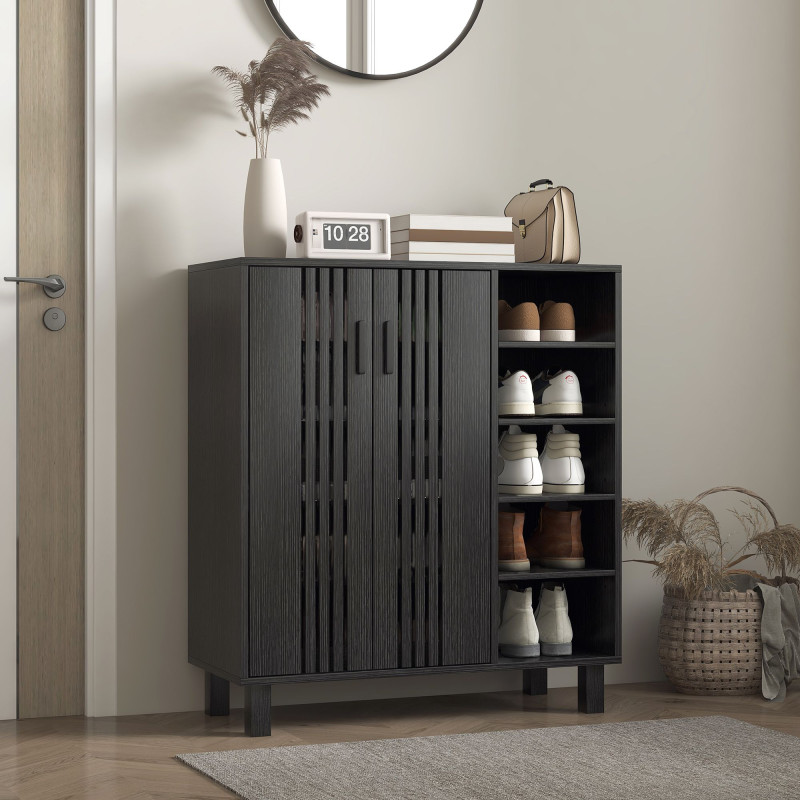 Shoe Storage with Double Doors and Open Shelves 17 Pair Shoe Storage Organizer for Entryway Hallway Black