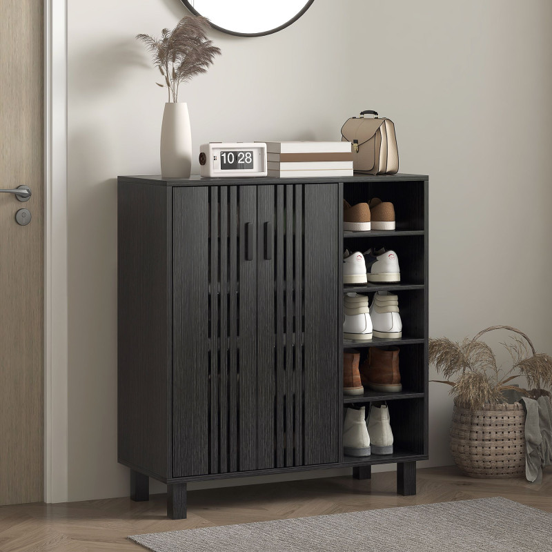 Shoe Storage with Double Doors and Open Shelves 17 Pair Shoe Storage Organizer for Entryway Hallway Black
