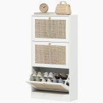 Rattan Shoe Storage Cabinet with 3 Flip Drawers and Adjustable Shelves, Entryway Shoe Cabinet for 18 Pairs, White