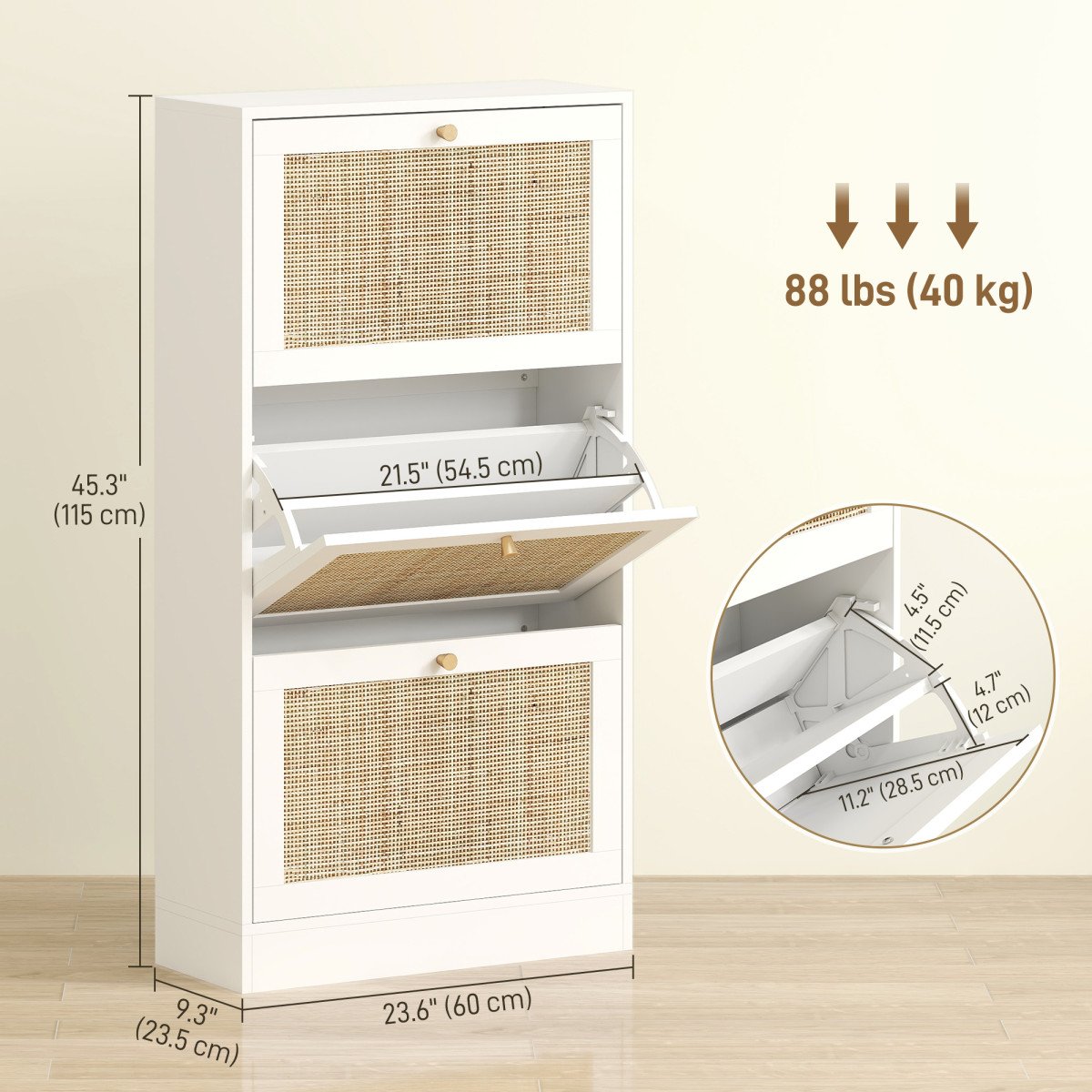Rattan Shoe Storage Cabinet with 3 Flip Drawers and Adjustable Shelves, Entryway Shoe Cabinet for 18 Pairs, White