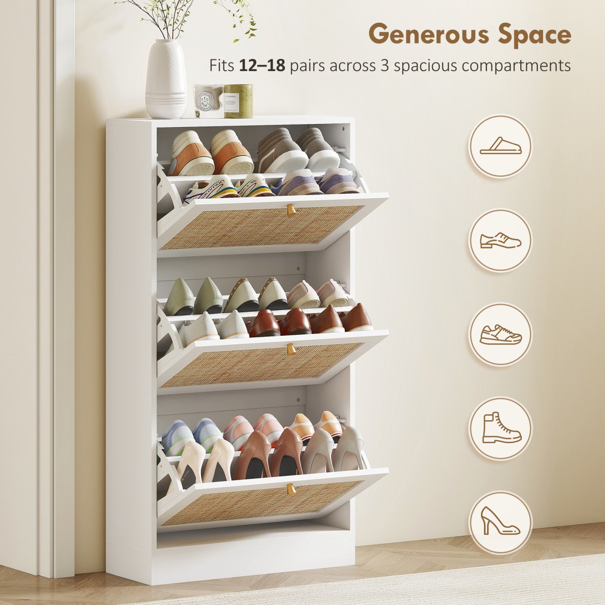 Rattan Shoe Storage Cabinet with 3 Flip Drawers and Adjustable Shelves, Entryway Shoe Cabinet for 18 Pairs, White