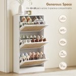 Rattan Shoe Storage Cabinet with 3 Flip Drawers and Adjustable Shelves, Entryway Shoe Cabinet for 18 Pairs, White