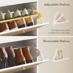 Rattan Shoe Storage Cabinet with 3 Flip Drawers and Adjustable Shelves, Entryway Shoe Cabinet for 18 Pairs, White