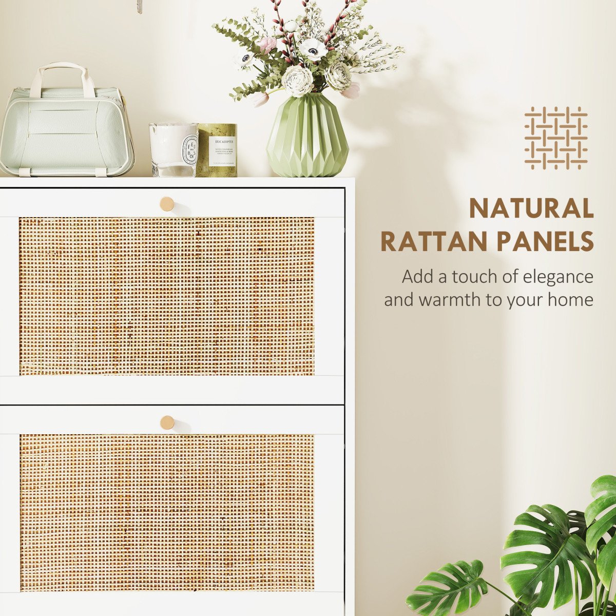 Rattan Shoe Storage Cabinet with 3 Flip Drawers and Adjustable Shelves, Entryway Shoe Cabinet for 18 Pairs, White