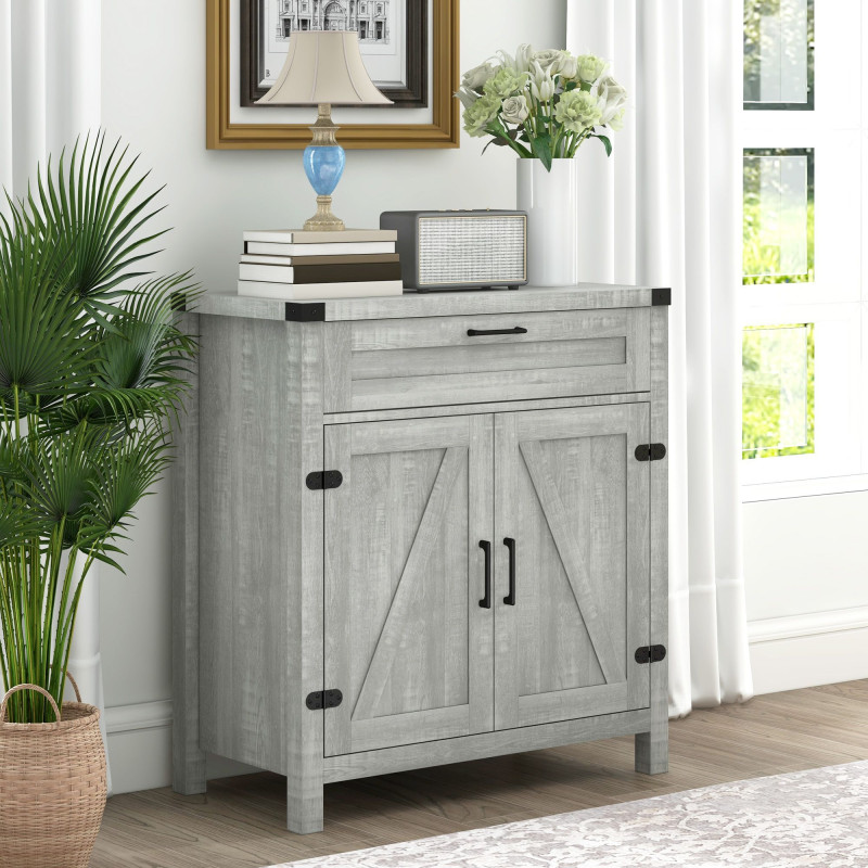 Farmhouse Kitchen Storage Cabinet, Sideboard Buffet Cabinet with 2 Rustic Barn Doors and Drawer, Grey