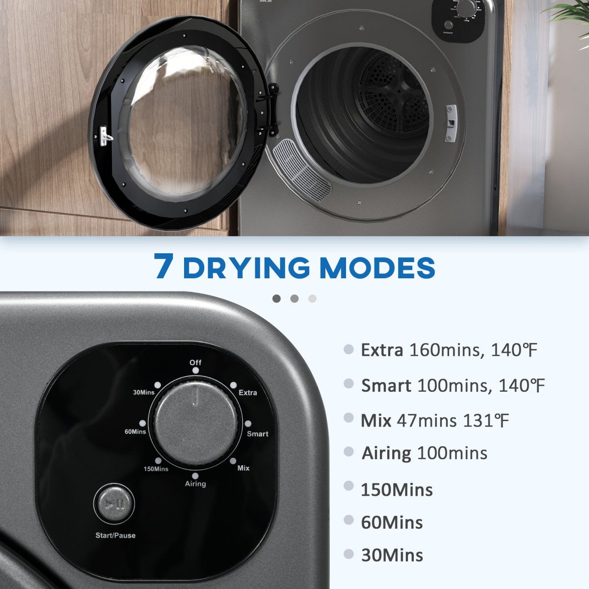 Compact Laundry Dryer Machine, 1300W, 3.22 Cu. Ft. Electric Portable Clothes Dryer with 7 Drying Modes for Apartment or Dorm, Grey