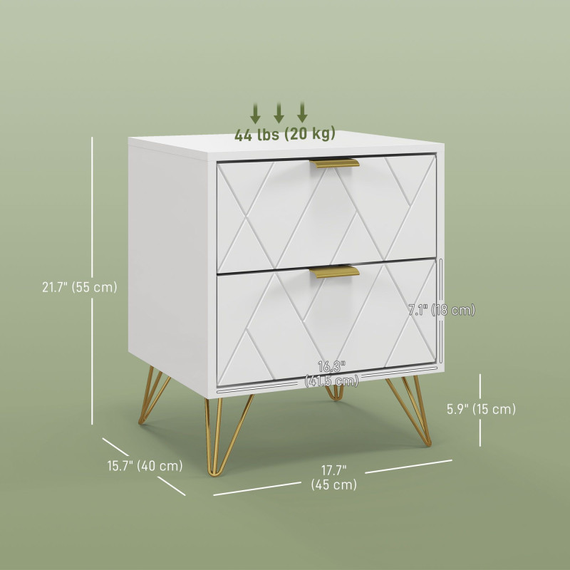 Modern Bedside Table, Accent Nightstand with 2 Drawers, Bed End Table for Bedroom, Living Room, White