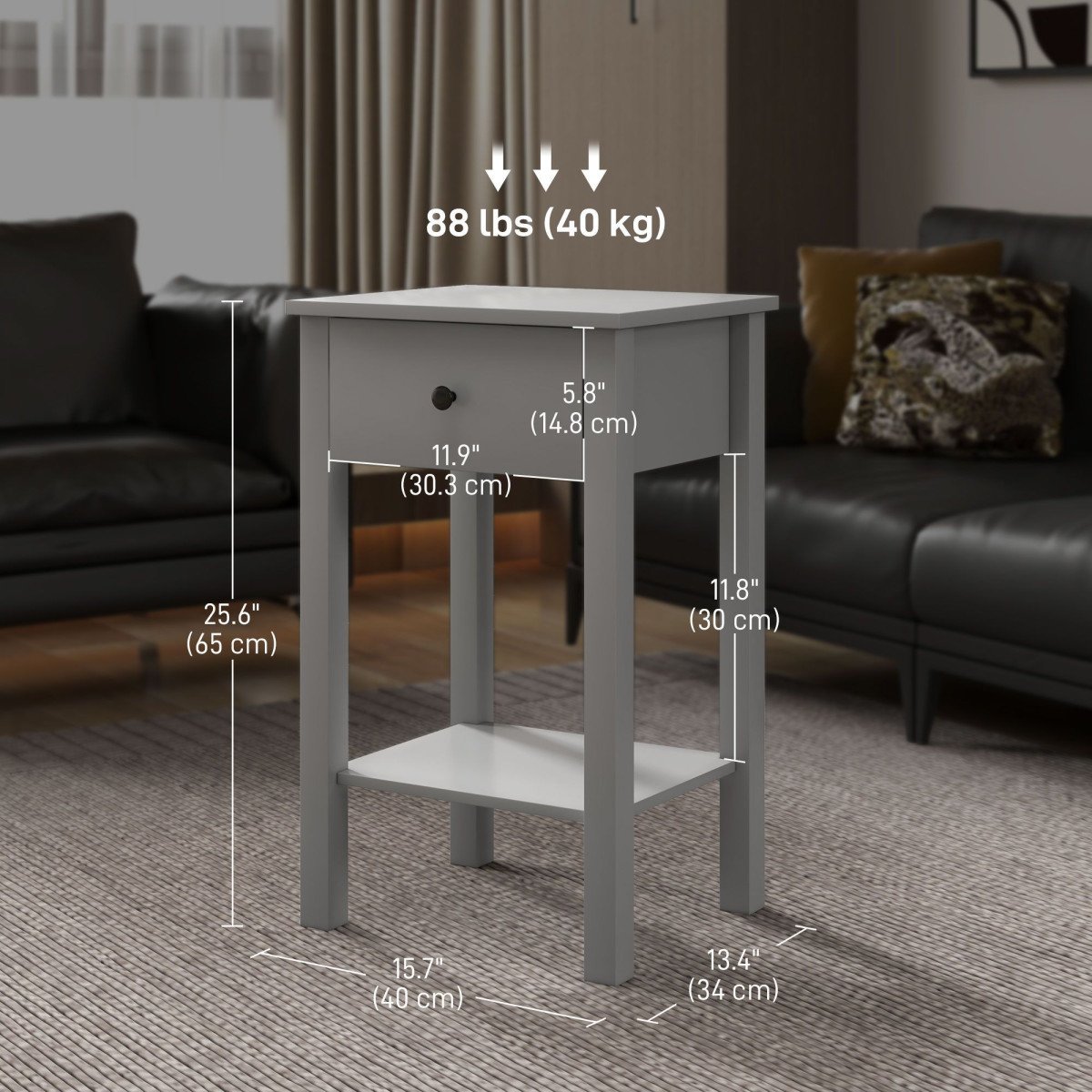 End Tables Set of 2, Side Tables with Drawer and Bottom Shelf, 2-tier Nightstand for Bedroom, Living Room, Grey