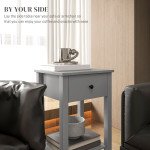 End Tables Set of 2, Side Tables with Drawer and Bottom Shelf, 2-tier Nightstand for Bedroom, Living Room, Grey
