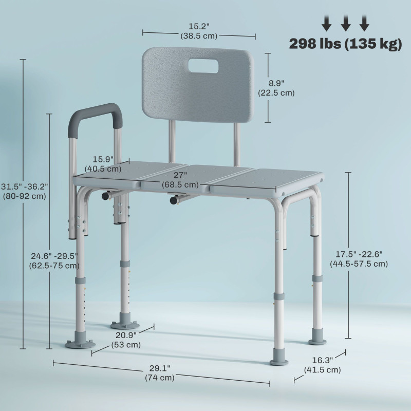 6-Level Adjustable Bath and Shower Transfer Bench Aluminum Chair with Non-Slip Feet, Armrest & Backrest Grey