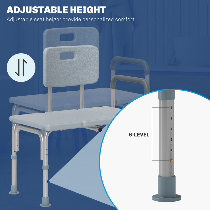 6-Level Adjustable Bath and Shower Transfer Bench Aluminum Chair with Non-Slip Feet, Armrest & Backrest Grey