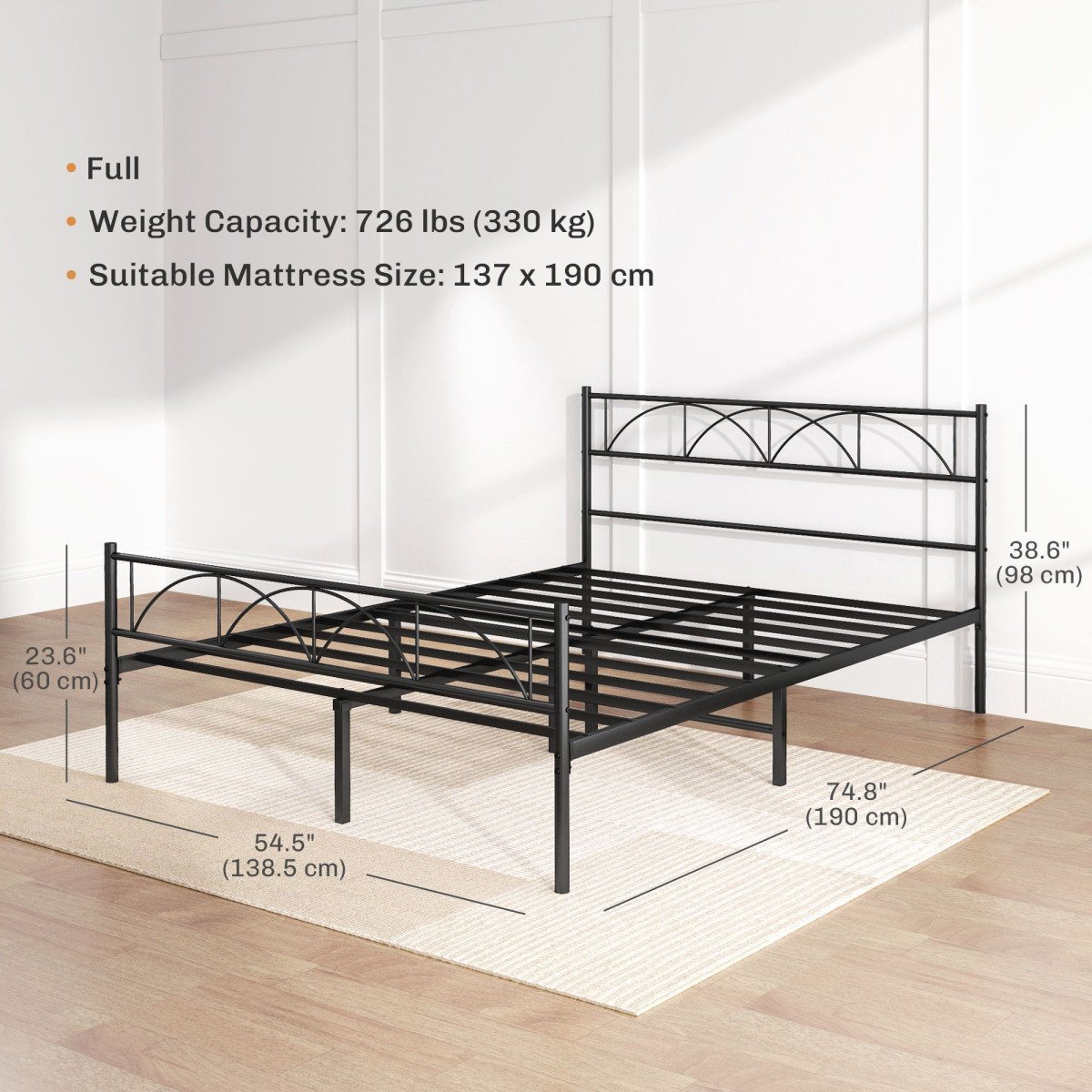 Metal Full Platform Bed Frame with Headboard, Steel Slat Support, Underbed Storage, No Box Spring Needed, Easy Assembly