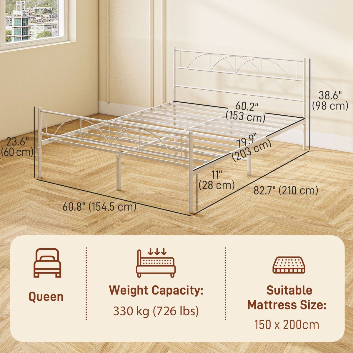 Metal Queen Platform Bed Frame with Headboard, Steel Slat Support, Underbed Storage, No Box Spring Needed, Easy Assembly