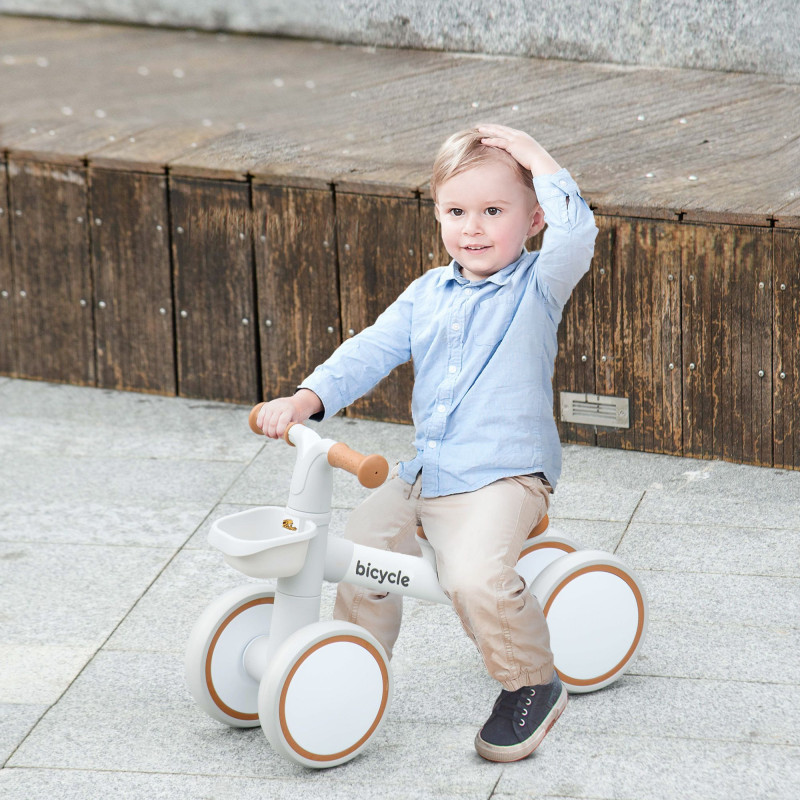 Qaba Toddler Balance Bike for 12–36 Months with Adjustable Seat, Removable Basket, 4 Silent Wheels, Brown