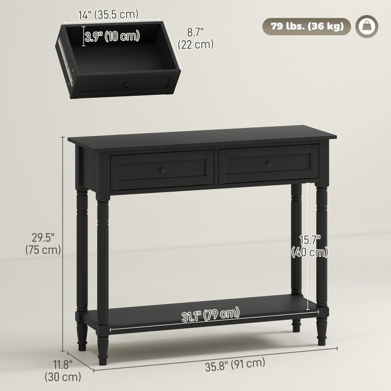 Hallway Console Table, Modern Entryway Table with 2 Drawers, Storage Shelf, Turned Legs for Living Room, Bedroom, Black