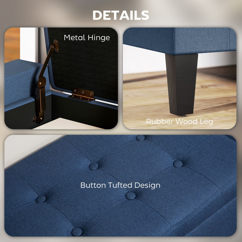 Storage Ottoman Bench, Linen Upholstered Bench with Tufted Design, Dark Blue