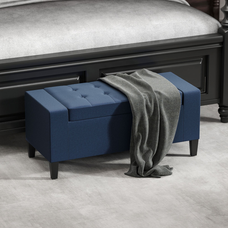 Storage Ottoman Bench, Linen Upholstered Bench with Tufted Design, Dark Blue