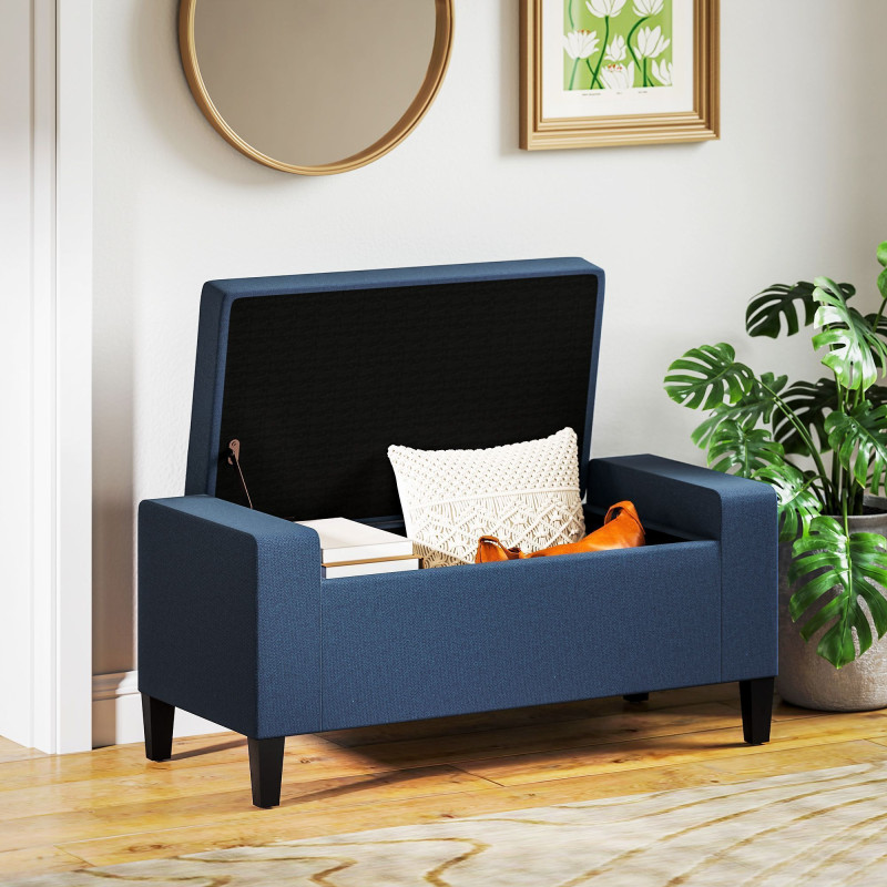 Storage Ottoman Bench, Linen Upholstered Bench with Tufted Design, Dark Blue