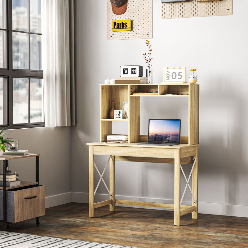 Computer Desk with Hutch, Home Office Table with Storage Shelves and Open Compartments for Writing, Work, Oak