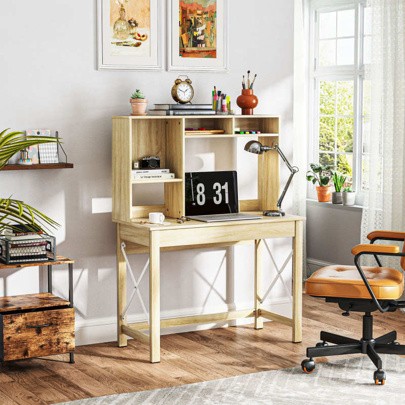 Computer Desk with Hutch, Home Office Table with Storage Shelves and Open Compartments for Writing, Work, Oak