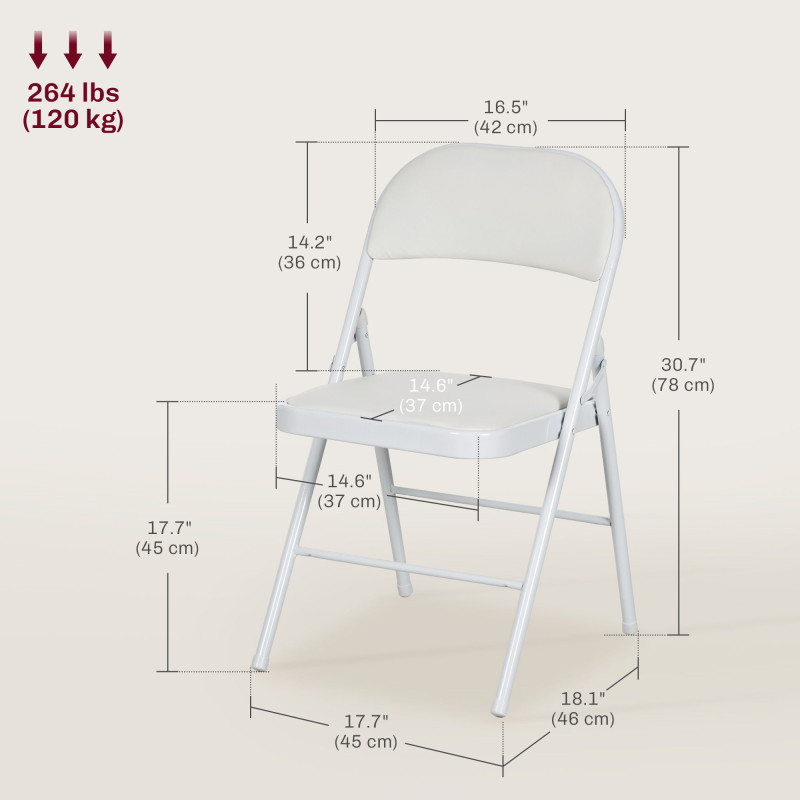Set of 2 Metal Foldable Chairs, PU Leather Padded Folding Chairs with Cushion Seat and Open Back for Indoor, White
