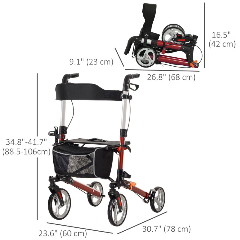 Lightweight Folding Rolling Walker with Large Seat, Back, Adjustable Handle, Bag, Dual Brake, Cane Holder, Red